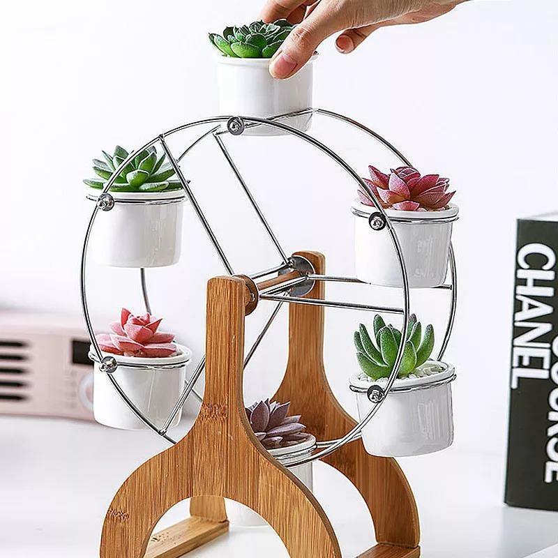 Wooden Carousel with Ceramic Succulent Planters